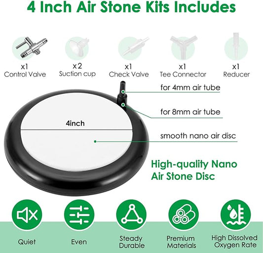 hygger Aquarium Air Stone Kit, Fish Tank Bubbler, Nano Furnace Flue Round Air Stone Disk Set for Hydroponics, Small Bubbles, Ultra-High Dissolved Oxygen Diffuser (4 Inch)