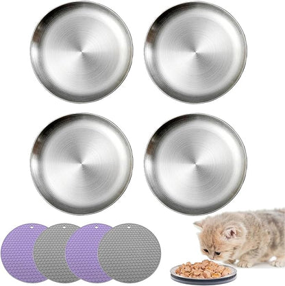 Stainless Steel Cat Dish Shallow Bowls Whisker Fatigue Cat Metal Plate with Non-Slip Pads for Wet Food Puppies Cats Kittens (4 PCS, 5.31 inch)