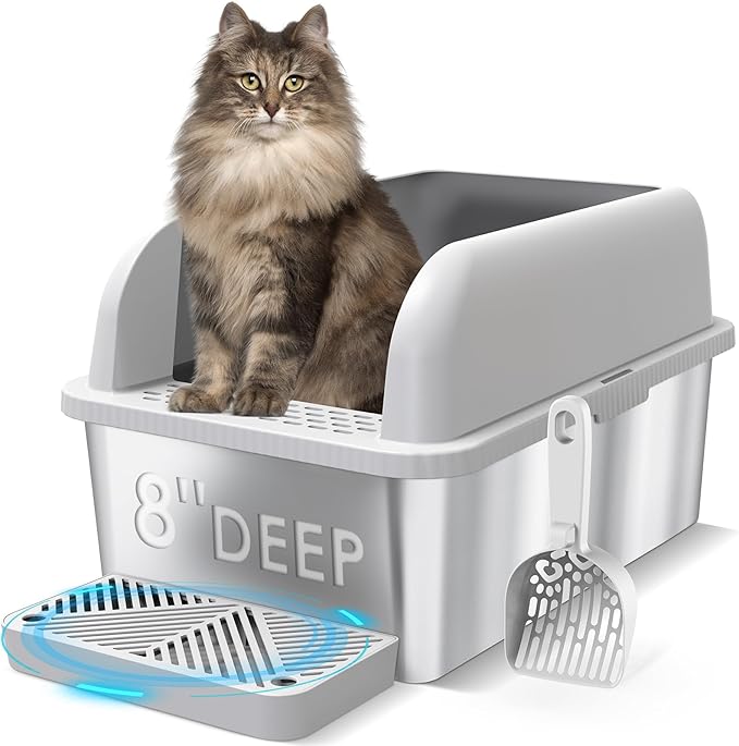 8" Deep Stainless Steel Cat Litter Tray with Lid Extra Large Litter Box for Big Cats XL Metal Litter Box Pan with High Wall Sides Enclosure, Non-Sticky, Anti-Leakage, Easy Cleaning