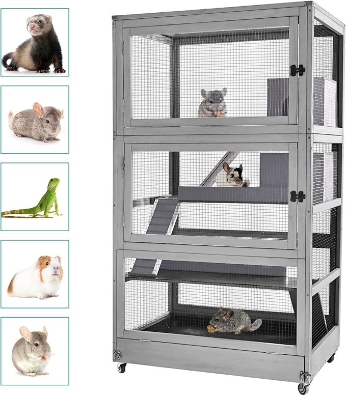 Large Guinea Pig Cage,4 Levels Wooden Ferret Cage with Wheels,Chinchilla Cage Upgrade Metal Frame Rat Cage for Indoor Outdoor (4 Level)