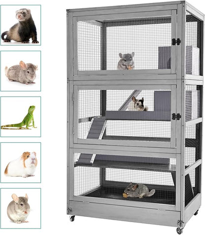 Large Guinea Pig Cage,4 Levels Wooden Ferret Cage with Wheels,Chinchilla Cage Upgrade Metal Frame Rat Cage for Indoor Outdoor (4 Level)