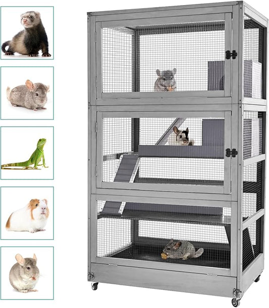 Large Guinea Pig Cage,4 Levels Wooden Ferret Cage with Wheels,Chinchilla Cage Upgrade Metal Frame Rat Cage for Indoor Outdoor (4 Level)