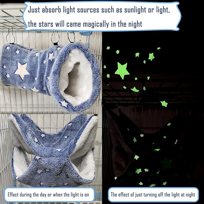 LEFTSTARER Noctilucent Luminous Guinea Pig Rat Hammock Bunkbed Hanging Tunnel and Soft Bed Mat for Ferret Hedgehog Squirrel Hideout Cage Accessories (2. Tunnel and Bunkbed)