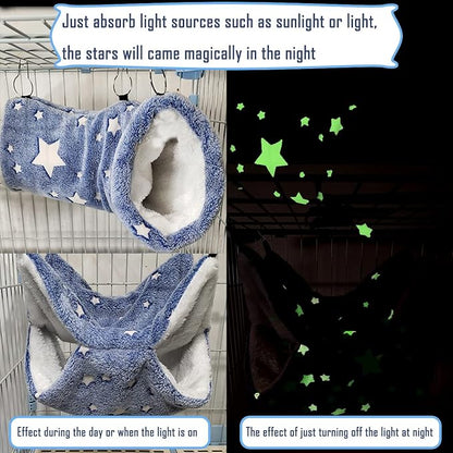 LEFTSTARER Noctilucent Luminous Guinea Pig Rat Hammock Bunkbed Hanging Tunnel and Soft Bed Mat for Ferret Hedgehog Squirrel Hideout Cage Accessories (2. Tunnel and Bunkbed)