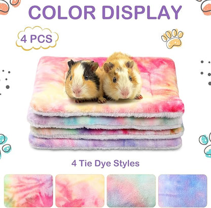 Haull 4 Pcs Waterproof Guinea Pig Bedding Winter Guinea Pig Bed Plush Cage Liners Soft Dog Cat Mat Reversible Winter Cozy Animal Pee Pad Hamster Bed Mat for Bunny(Tie Dyed,13 x 10 Inch)