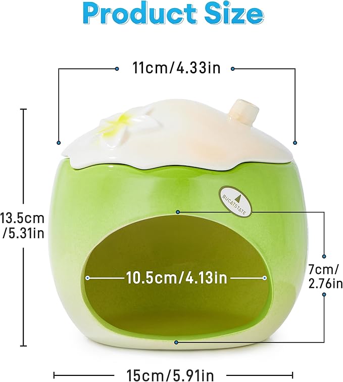 BUCATSTATE Coconut Shape Ceramic Hamster Hideout with Removable Lid & Ice Compartment - All-Season Cool Bed for Dwarf Hamster, Gerbil, Mice, Golden Bear - Large Green Small Pet House Habitat