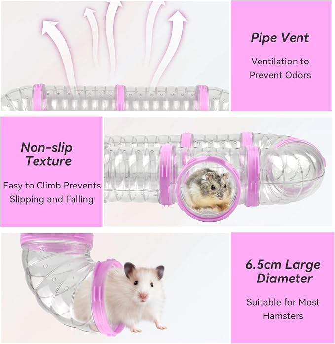 Dwarf Hamster Tubes and Tunnels Set,Mouse DIY Toy Transparent Tube Pet Cage Connection Tunnel Kit Syrian Hamster External Accessories Adventure Pipe for Mice Rat(Pink)
