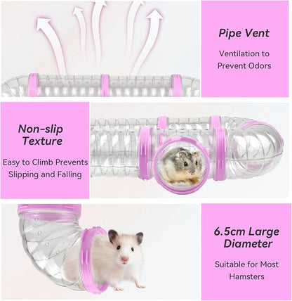 Dwarf Hamster Tubes and Tunnels Set,Mouse DIY Toy Transparent Tube Pet Cage Connection Tunnel Kit Syrian Hamster External Accessories Adventure Pipe for Mice Rat(Pink)