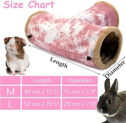 LeerKing Guinea Pig Tunnel 3 Way, Small Animal Hideout Toy Washable Canvas Fleece Tube Play Tunnel for Rats Ferret Bunny Gerbil Sugar Glider Chinchilla, Pink