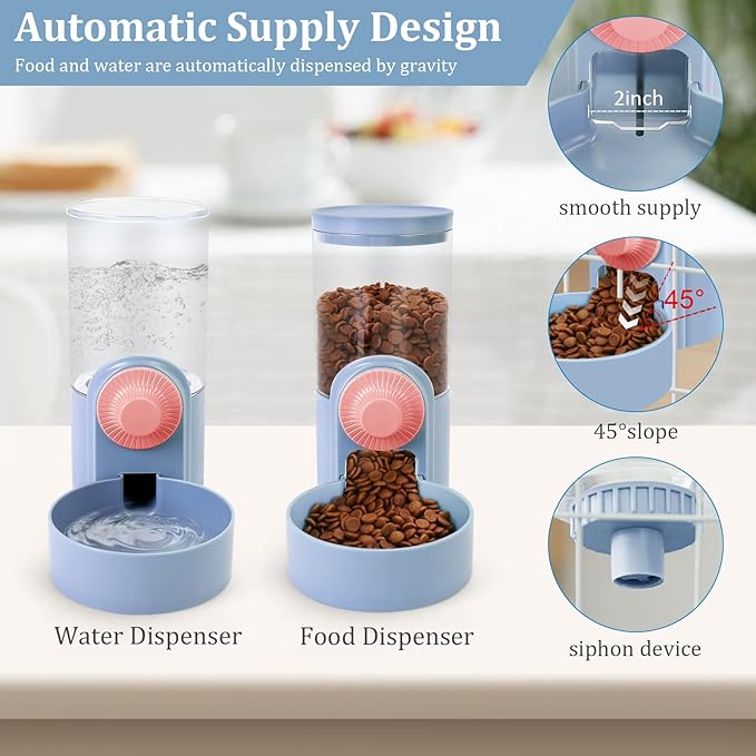 Pet Feeder Waterer Hanging Dog Cat Food Water Dispenser, Automatic Gravity Feeder Waterer Set for Cage Pets, Travel Food Water Bowl Rabbit Feeder for Ferret Small and Medium Animals, Purple