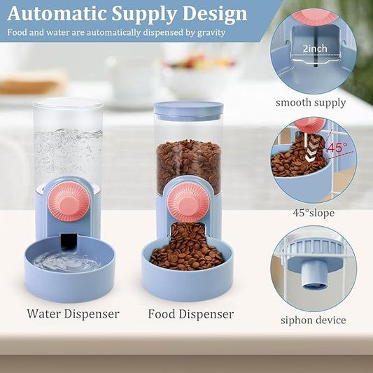 Pet Feeder Waterer Hanging Dog Cat Food Water Dispenser, Automatic Gravity Feeder Waterer Set for Cage Pets, Travel Food Water Bowl Rabbit Feeder for Ferret Small and Medium Animals, Purple