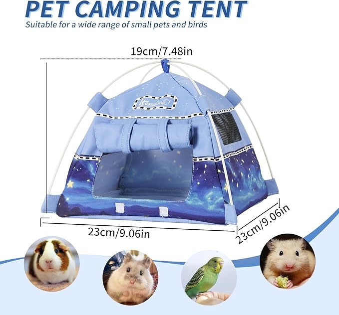 Hamster Mini Camping Tent Hideout, Syrian Hamster Tent House Rat Bed Without Installing, Lightweight & Easy to Clean, Suitable for Mouse, Fancy Rat, Chipmunk and Mini Guinea Pig (Blue)