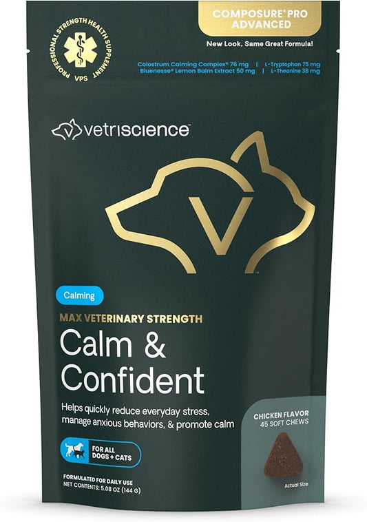VetriScience Max Veterinary Strength Calm & Confident Chews - Stress Supplement for Pets - Supports Brain Function for Cats & Dogs - with Lemon Balm Extract, L-Theanine, Thiamine & More - 45 Count