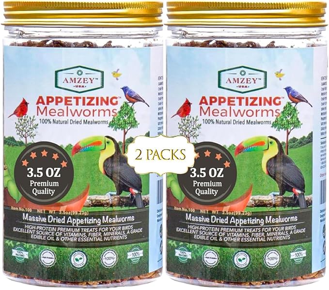 Amzey Dried Mealworms- 3.5 oz(2 Pack)- High Protein Non GMO Mealworms - Great for Turtle Food, Bird Food, Cockatiel Food, Lizard Food, Snake Food, Iguana Food, Sulcata Tortoise Diet- 3.5oz (2 Pack)