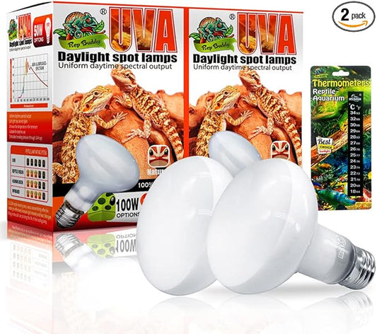 2 Pack Reptile Heating Bulb 100W with Sticked Digital Thermometer for Reptiles and Amphibians Turtles,Gecko,Chamelon,Iguana,Python,Ceratophrys
