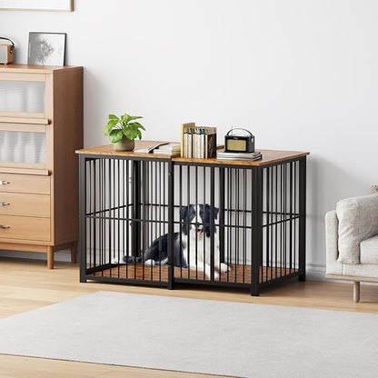 Erinnyees 45.6" Dog Crate Furniture, Wooden Dog Kennel with Retractable Design for Small Medium Large Dogs, Heavy-Duty Side Table Style Indoor Dog Cage with Cushion, 24–45.6 Inch