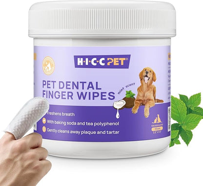 HICC PET Teeth Cleaning Wipes for Dogs & Cats, Vet-Recommended Remove Bad Breath & Plaque & Tartar Buildup Dog Finger Toothbrush Wipes, No-Rinse Dog Tooth Brushing Kit Gentle Cleansing & Gum Care