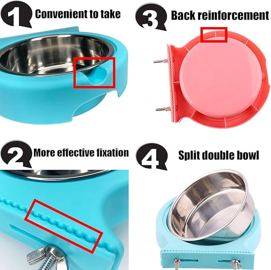 kathson 2 Pack Crate Dog Bowl Removable Stainless Steel Water Food Bowl Hanging Pet Cage Coop Cup for Rabbit Cat Puppy Bird Bunny Small Animals