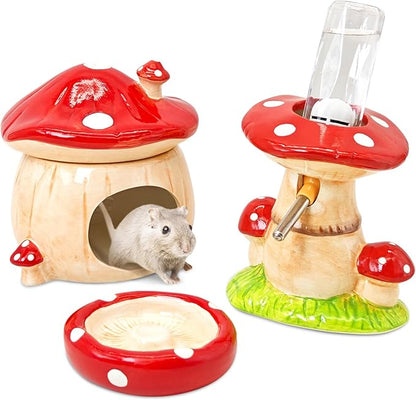BNOSDM 3 in 1 Ceramic Hamster Hideout Hamster Food Bowl Hamster Water Bottle with Stand for Glass Tanks - Mushroom Shape Hamster Cage Accessories Cool Hides for Dwarf Syrian Mice Gerbils (Red)