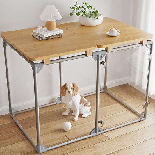 Clear Acrylic Dog Cage Furniture, Decorative Dog Kennel Furniture with Solid Wood Tabletop, 41 Inch, 6 Panels, Transparent Pet Fence for Small Dogs, Rabbits, Hedgehogs, and Cats