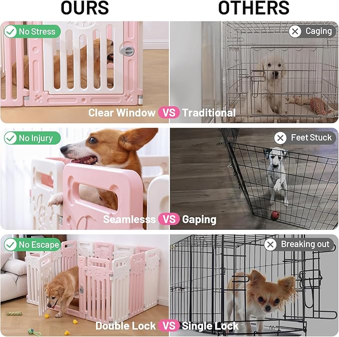Dog Playpen Fence Clear Pet Puppy Foldable Kennel for Small Dogs Plastic Puppy Enclosure for Cat Rabbit Indoor Whelping Box for Dogs with Gate (Pink + White, 12 Panels+1 Door)