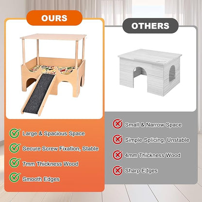 Large Wooden Guinea Pig Hideout, 2-Story Guinea Pig Castle with Non-Slip Stairs and Double-Sided Mat, Multi-Cave Design Small Animal House for Dwarf Hamsters, Sugar Gliders, Bunnny Habitat