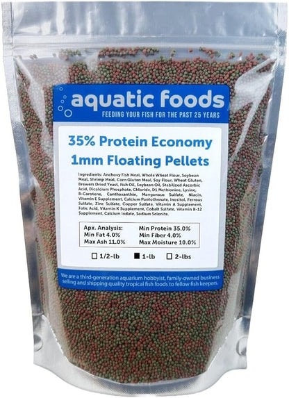Aquatic Foods Inc. 1mm - 1/32, 35% Protein Economy Floating Pellets for All Community Fish, Tetras, Guppies, Angel Fish, Cichlids, Goldfish. All Tropical Fish - WL…1-lb Foil Pouch Bag