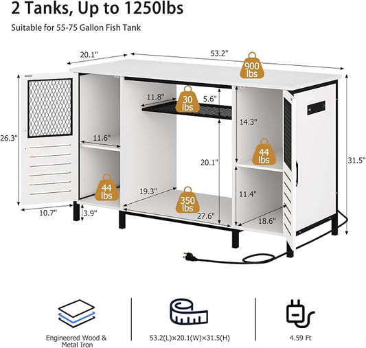 BREEZEHEAT 55-75 Gallon Fish Tank Stand with Power Outlets, LED Light, Adjustable Shelves, Heavy Duty Aquarium Stand with Cabinet, Terrarium stand Suitable for Turtle & Reptile Tank, 1250LBS, White