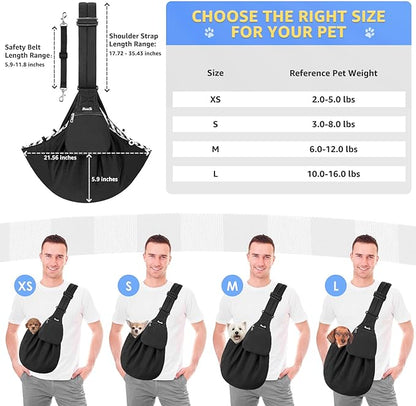 Lukovee Pet Sling, Hand Free Dog Sling Carrier Adjustable Padded Strap Tote Bag, Shoulder Bag with Front Pocket Safety Belt Carrying Small Dog Cat Puppy Machine Washable (Black-WY,S)