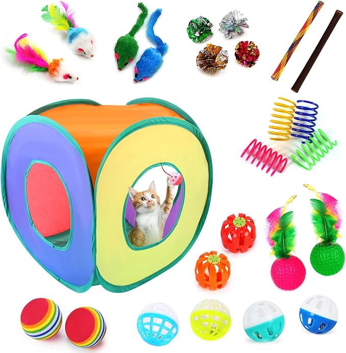 iCAGY 25-Piece Cat Toys Kit with Rainbow Cube Tunnel - Interactive Cat Toy Bundle for Indoor Cats, Kitten Playtime Variety Set Includes Springs, Balls, Mice & Noise Toys