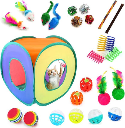 iCAGY 25-Piece Cat Toys Kit with Rainbow Cube Tunnel - Interactive Cat Toy Bundle for Indoor Cats, Kitten Playtime Variety Set Includes Springs, Balls, Mice & Noise Toys