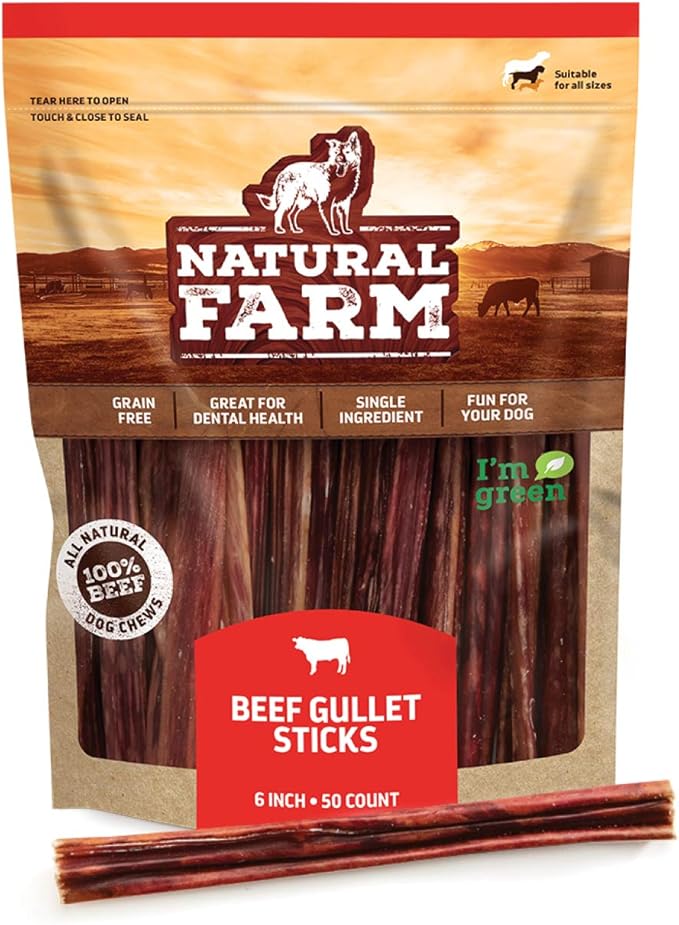 Natural Farm Gullet Sticks (6 Inch, 50 Pack) - One Ingredient Beef Esophagus Chews - Fully Digestible, Promotes Joint & Dental Health, for Pups, Small & Senior Dogs