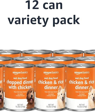 Amazon Basics Chopped Ground Dinner Wet Dog Food Variety Pack, Chicken and Rice Flavor and Chopped Dinner with Chicken, Made with Natural Ingredients, 13.2oz Cans (Pack of 12)