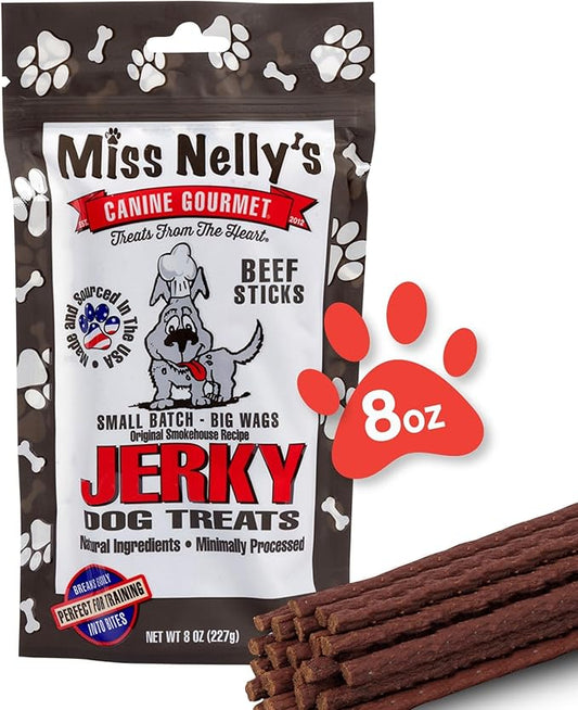 Miss Nelly's -All Natural Beef Jerky Dog Treats - Soft Sticks - USA Made and Sourced - Original Smoke House Recipe - Small Batch Beef Jerky for Dogs - Minimally Processed - 8 oz. Bag