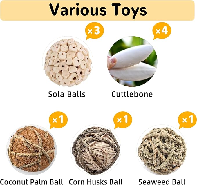 Bird Toys Sola Balls Parakeet Toys Soft Natural Chew Grass Balls with Cuttlebone for Parrots Conures Rabbits Hamster Guinea Pig Chinchilla (Style 1, 10 PCS)