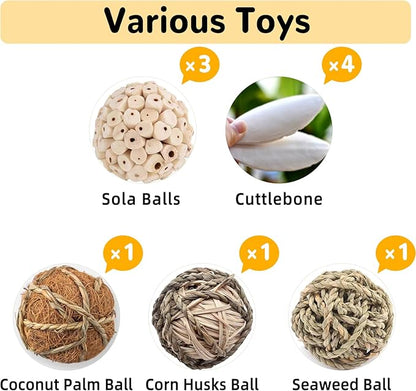 Bird Toys Sola Balls Parakeet Toys Soft Natural Chew Grass Balls with Cuttlebone for Parrots Conures Rabbits Hamster Guinea Pig Chinchilla (Style 1, 10 PCS)