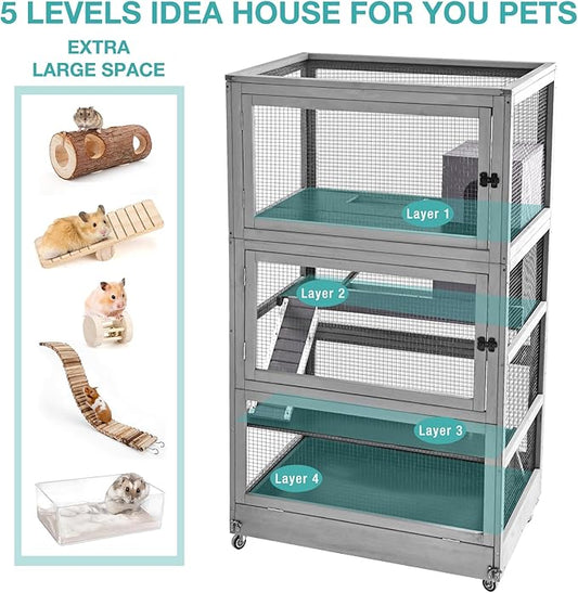 Large Guinea Pig Cage,4 Levels Wooden Ferret Cage with Wheels,Chinchilla Cage Upgrade Metal Frame Rat Cage for Indoor Outdoor (4 Level)