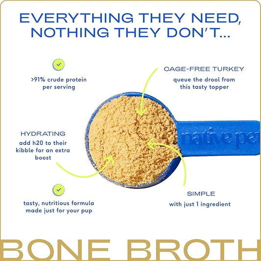 Native Pet Bone Broth for Dogs and Cats - Turkey Bone Broth Powder Dog Food Toppers for Picky Eaters - Provides Extra Nutrition for Joint Strength, Immune Support & Heart Health - 96 Scoops