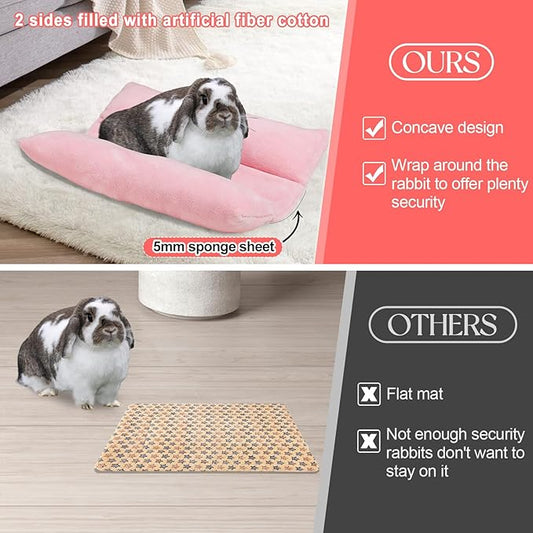 MEWTOGO 15.7 x 14In Rabbit Bed, Thickened Soft Bunny Bed, Cuddle Cushion Plush Mat with Cotton Lounger Pillows, Small Pet Flop Mat for Cage Sleeping Indoor, Pink
