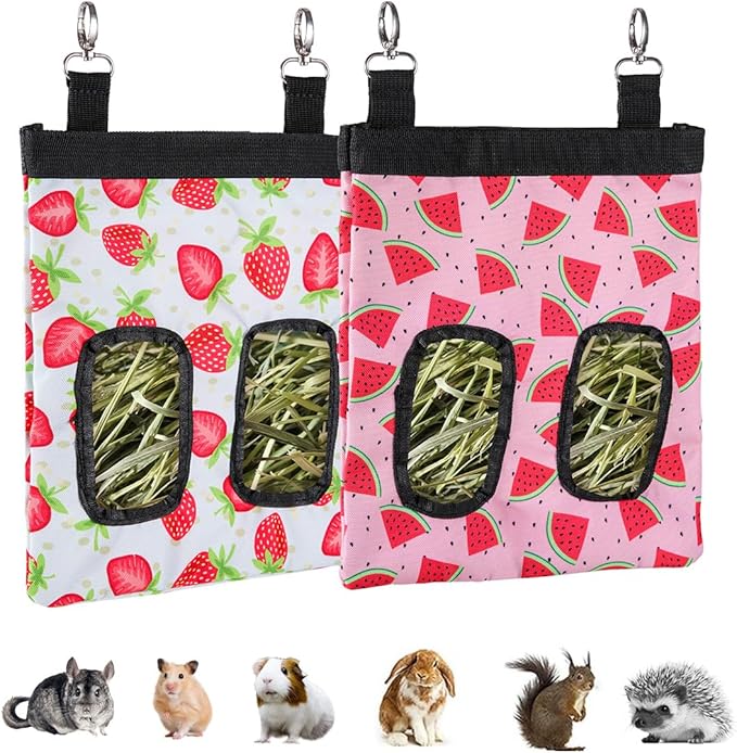 DZWLKJ Guinea Pig Hay Feeder, 2 Pack, 11 x 9 x 1 Inches, Rabbit Hay Feeder Bag, Stainless Steel, 600D Oxford, Watermelon and Strawberry