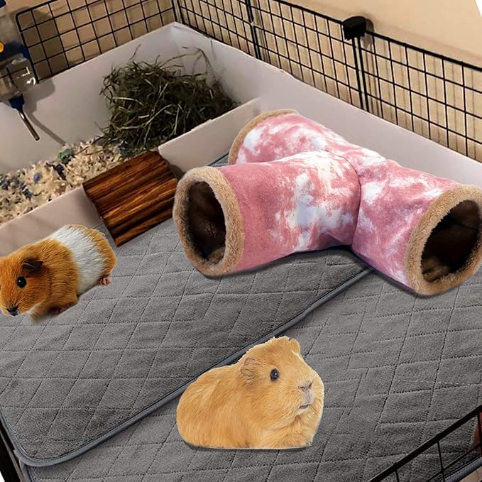 LeerKing Guinea Pig Tunnel 3 Way, Small Animal Hideout Toy Washable Canvas Fleece Tube Play Tunnel for Rats Ferret Bunny Gerbil Sugar Glider Chinchilla, Pink