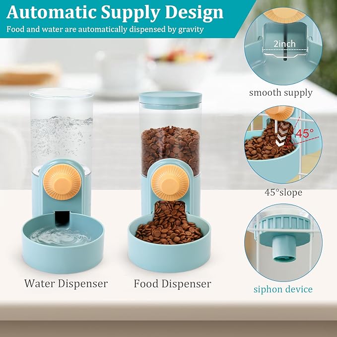 Pet Feeder Waterer Hanging Dog Cat Food Water Dispenser, Automatic Gravity Feeder Waterer Set for Cage Pets, Travel Food Water Bowl Rabbit Feeder for Ferret Small and Medium Animals, Blue
