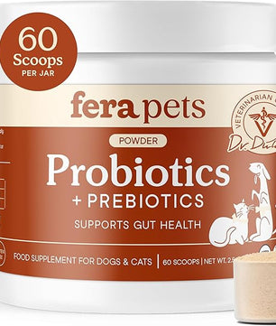 Fera Pets Probiotics for Dogs & Cats with Prebiotics - USDA Organic - Gut Health Powder Supplement with 12 Strains and 5 Billion CFUs - Supports Immunity, Energy and Skin & Coat - 60 Scoops