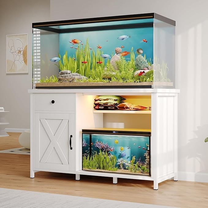 4ever2buy 55-75 Gallon Fish Tank Stand with Power Outlets, LED Light, Heavy Duty Aquarium Stand with Cabinet for Fish Tank Accessories Storage, for Turtle Tank, Reptile Terrarium, 1100LBS, White