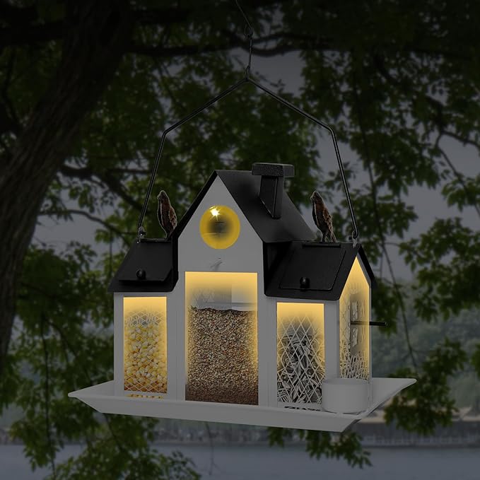 Solar Bird Feeders House for Outdoors Hanging, 7LBS Large Capacity Metal Wild Bird Feeder Squirrel Proof for Outside with Water Cup, Cardinal Birdfeeder Birdhouses Gift for Bird Lovers