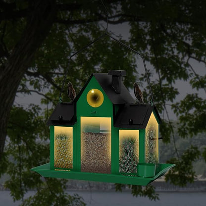 Solar Bird Feeders House for Outdoors Hanging, 7LBS Large Capacity Metal Wild Bird Feeder Squirrel Proof for Outside with Water Cup, Cardinal Birdfeeder Birdhouses Gift for Bird Lovers (Green)