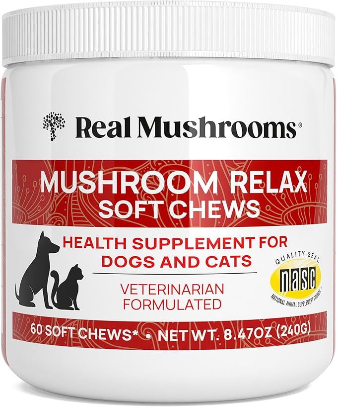 Real Mushrooms Calming Treats for Dogs & Cats – Reishi, Lion’s Mane, Botanicals – Cat & Dog Soft Chews for Daily Use – Calming Chews for Cats & Dogs – 60 ct Grain-Free Pet Bites