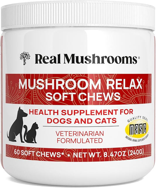 Real Mushrooms Calming Treats for Dogs & Cats – Reishi, Lion’s Mane, Botanicals – Cat & Dog Soft Chews for Daily Use – Calming Chews for Cats & Dogs – 60 ct Grain-Free Pet Bites