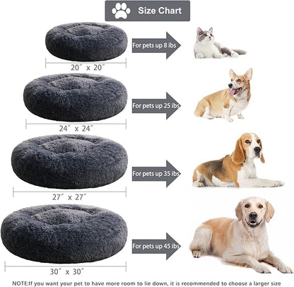 WNPETHOME Calming Dog & Cat Bed, Anti-Anxiety Donut Bed, Fluffy Faux Fur Cushion for Small Dogs and Cats (24 x 24 x 8 Inch, Navy Grey)