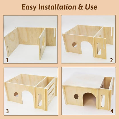 Fhiny Guinea Pig Wood House with Hay Feeder, Detachable Chinchilla Hut Hideout Small Animal Hideout Hideaway Natural Hamster Habitat Decor for Guinea Pig Chinchilla Dwarf Rabbit Hamster